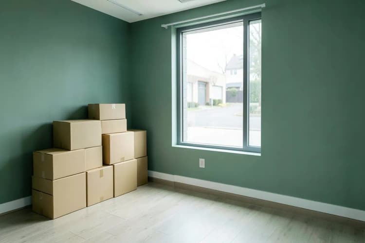 Uma casa vazia com caixas de papelão empilhadas em um canto e uma janela com vista para uma rua tranquila