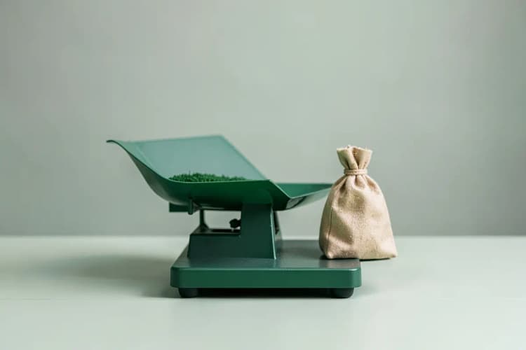 Uma balança com uma casa de um lado e um saco de dinheiro do outro, em cima de uma mesa