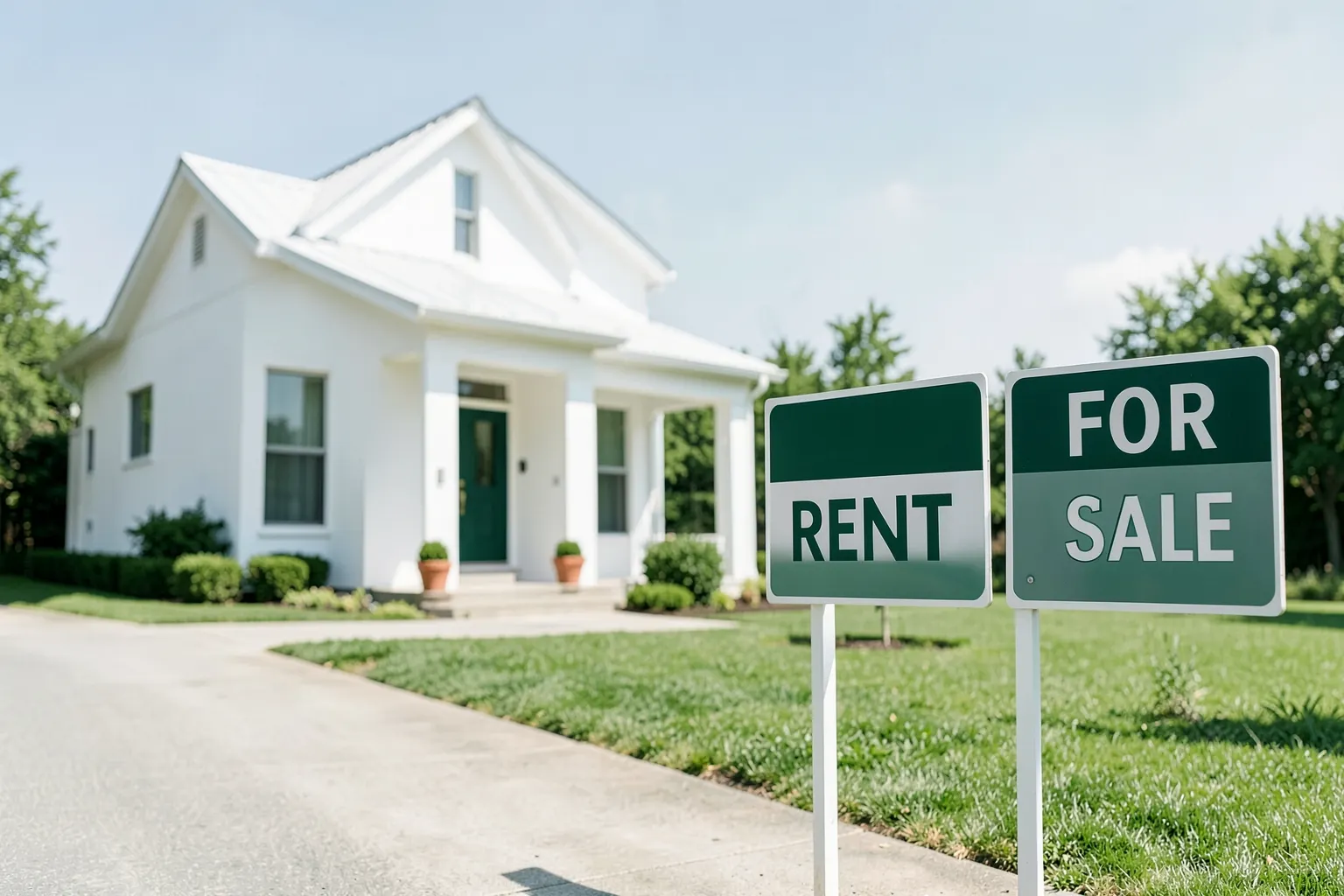 Uma casa com uma placa de "Aluga-se" na frente e outra com "Vende-se" ao lado, com uma seta apontando para a placa de "Aluga-se"