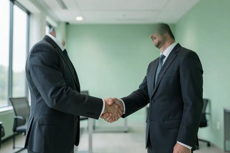 Um aperto de mãos entre dois homens de negócios em um escritório moderno
