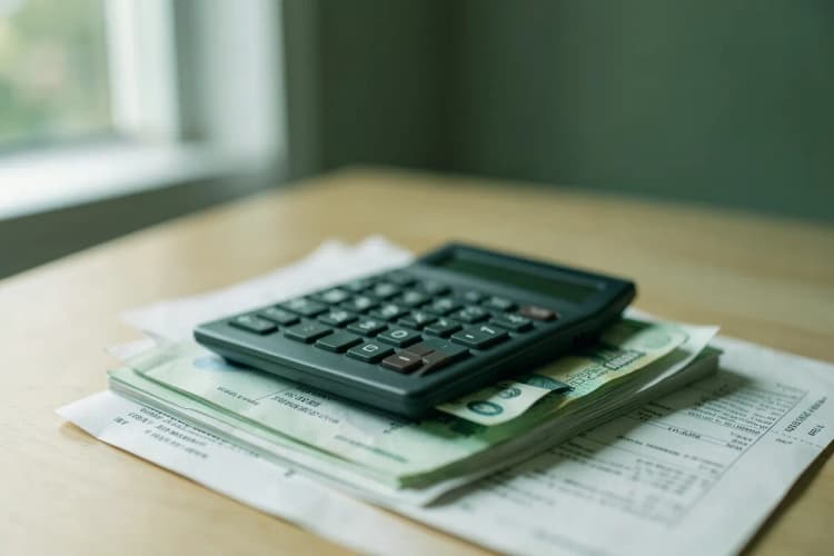 Uma calculadora e notas de dinheiro sobre uma mesa com documentos financeiros