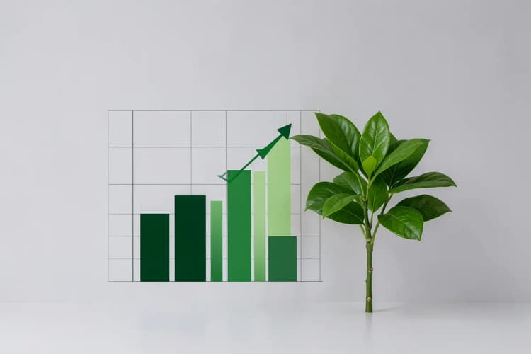 Um gráfico de barras mostrando crescimento financeiro com uma planta crescendo ao lado