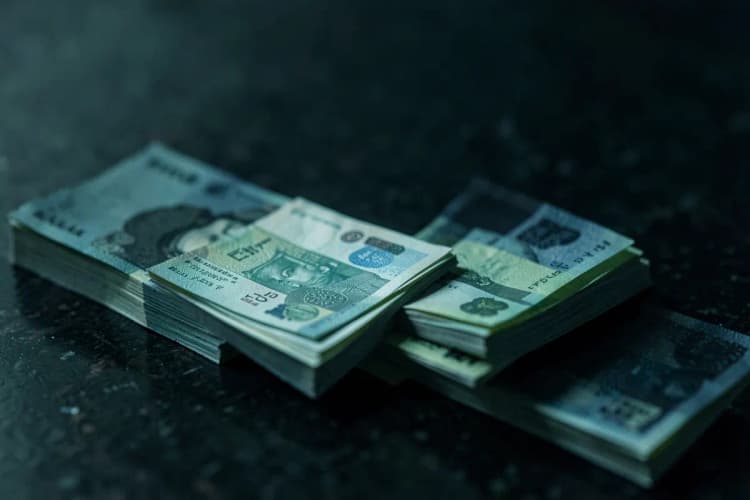 Cifrões de dinheiro e notas de Real empilhados sobre uma superfície escura