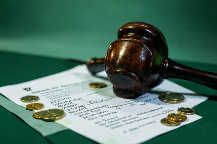 Um martelo de juiz sobre um contrato de aluguel e moedas