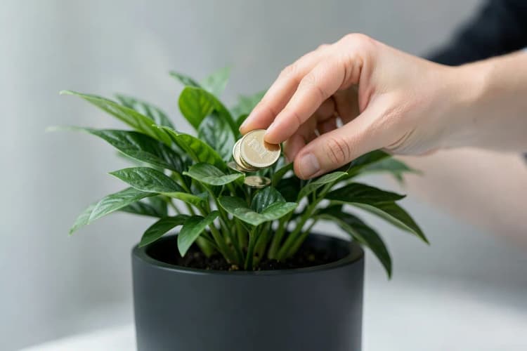 Mãos colocando moedas em cima de uma planta crescendo em um vaso, simbolizando investimento e retorno financeiro
