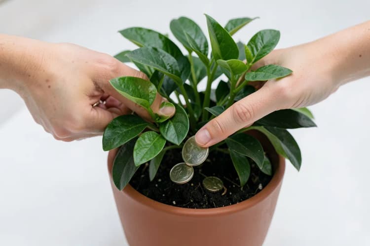 Mãos colocando moedas de dinheiro em cima de uma planta crescendo em um vaso.
