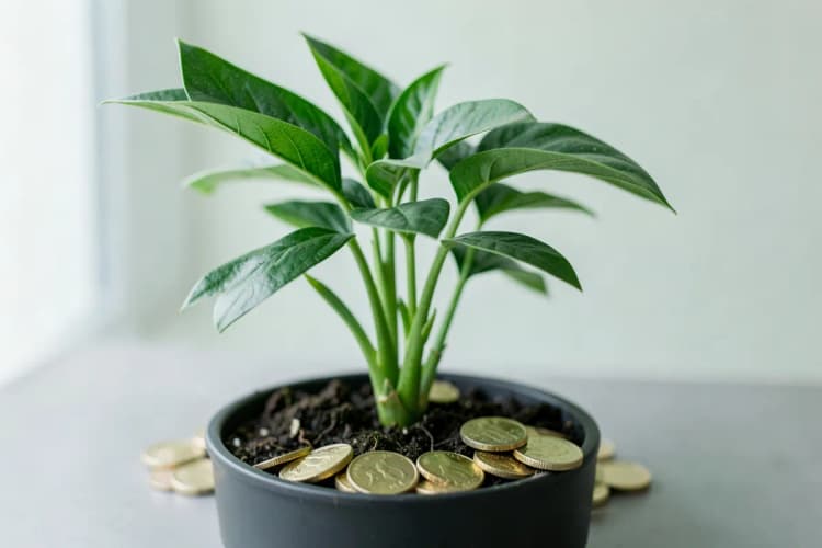 Uma planta crescendo em um vaso com moedas ao redor, simbolizando o aumento do valor do aluguel.