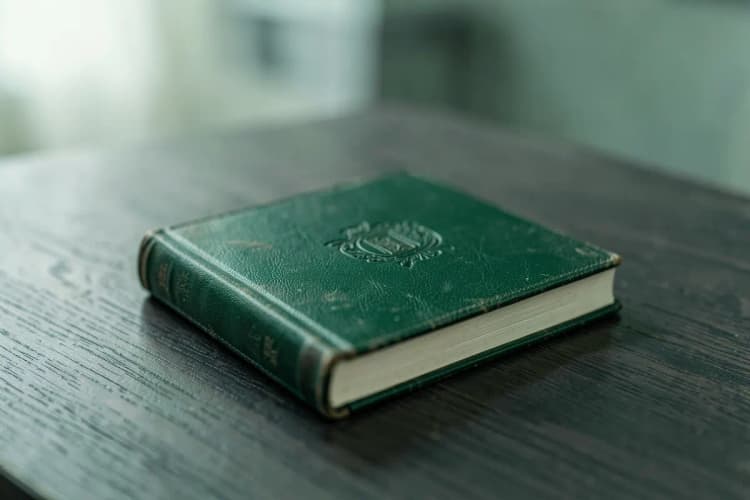 Um livro de leis fechado sobre uma mesa de madeira escura.