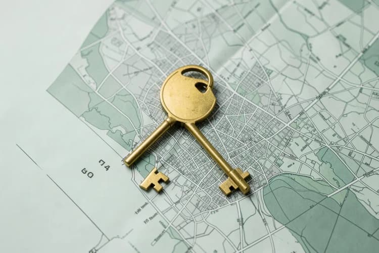 Uma chave dourada com um chaveiro em formato de casa sobre um mapa de Fortaleza.