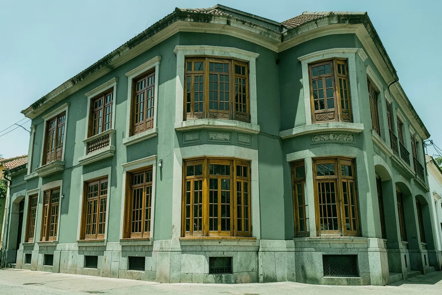 Fachada de um casarão antigo em estilo colonial, com janelas de madeira e detalhes em pedra, em Fortaleza.