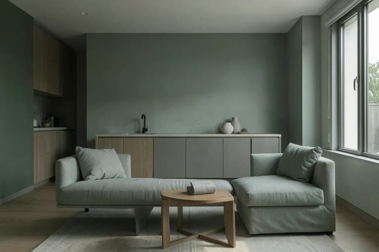 Apartamento mobiliado com sala de estar e cozinha integradas, com luz natural entrando pela janela.