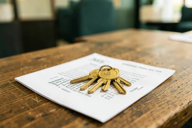 Chaves de apartamento sobre um contrato de aluguel em uma mesa de madeira