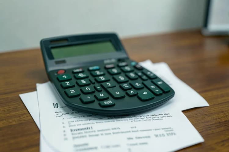 Calculadora e moedas sobre um contrato de aluguel em uma mesa
