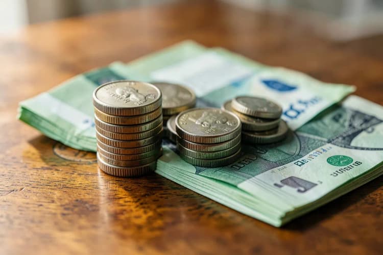 Moedas e notas de dinheiro empilhadas sobre uma mesa de madeira.