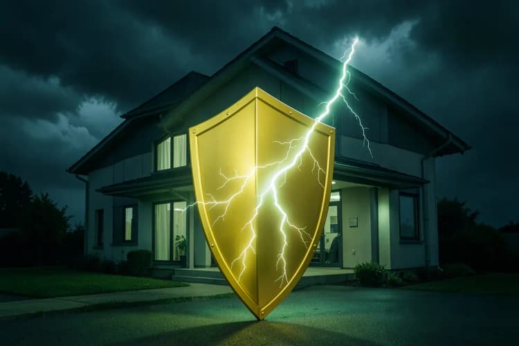Uma casa sendo protegida por um escudo dourado contra uma tempestade de raios.