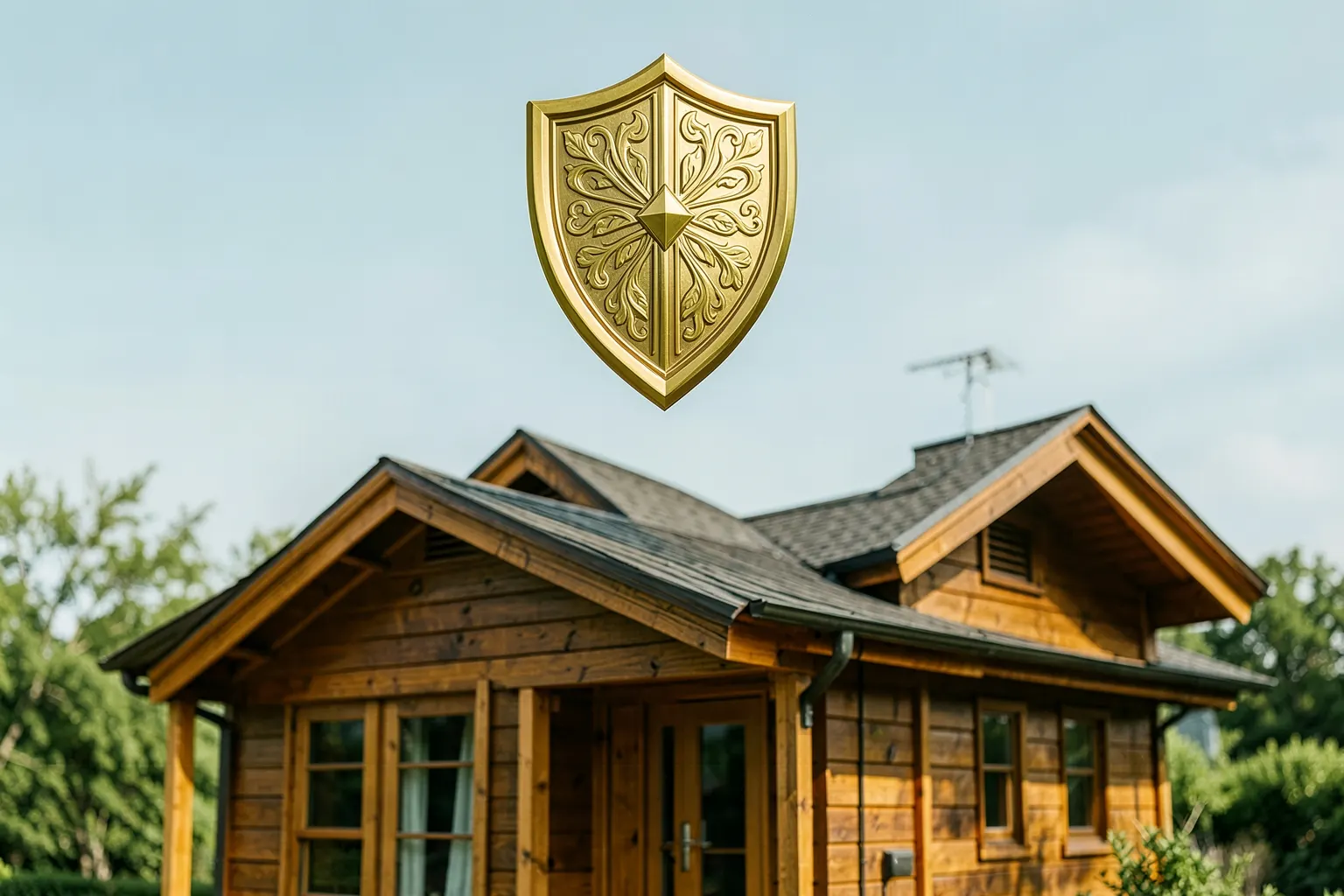 Uma casa de madeira com um escudo protetor dourado flutuando sobre ela.