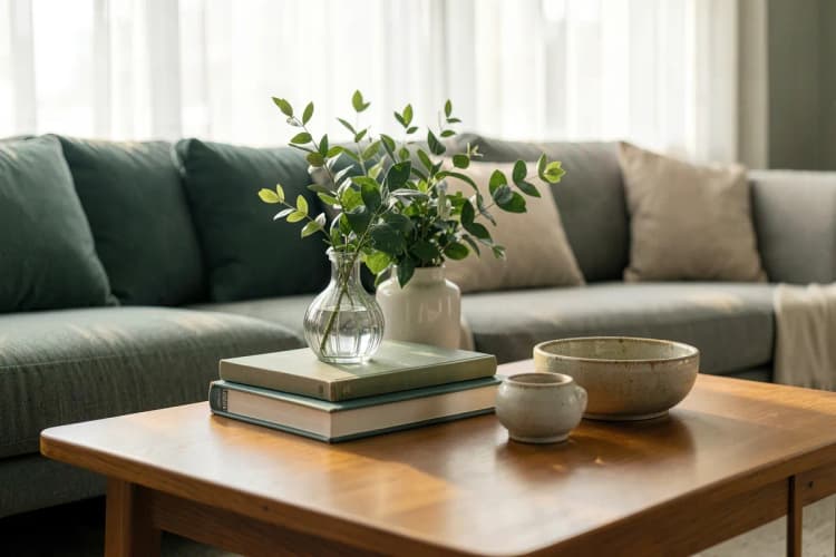 Sala de estar mobiliada com sofá, mesa de centro e objetos de decoração, em um apartamento em Meireles.