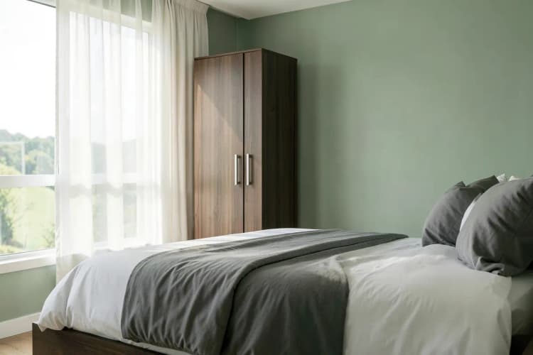 Quarto de casal com cama, armário e janela em um apartamento para alugar em Meireles.
