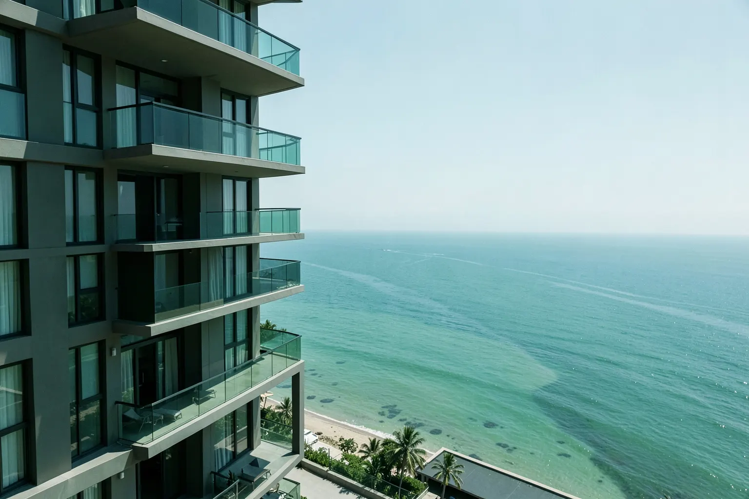 Fachada de prédio residencial de luxo em Meireles, Fortaleza, com varanda e vista para o mar.