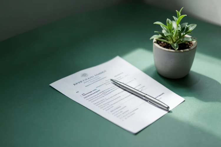 Um contrato de locação com uma caneta e uma planta pequena.