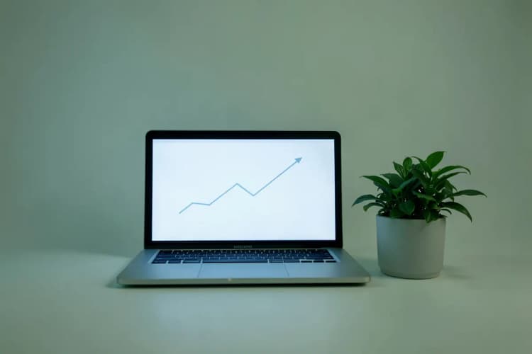 Um laptop exibindo gráficos de crescimento e uma planta.