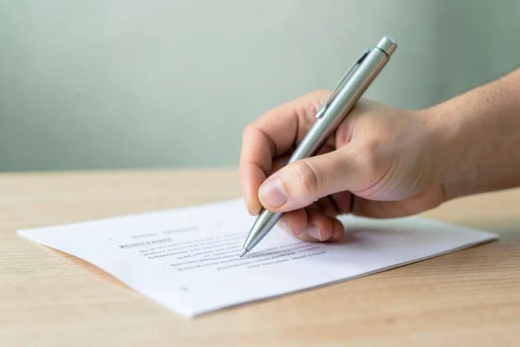 Uma pessoa assinando um contrato de aluguel com uma caneta em uma mesa com um aperto de mão ao fundo