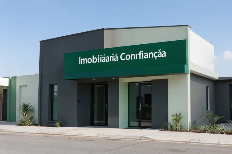 Fachada de uma imobiliária moderna com o nome "Imobiliária Confiança" em destaque