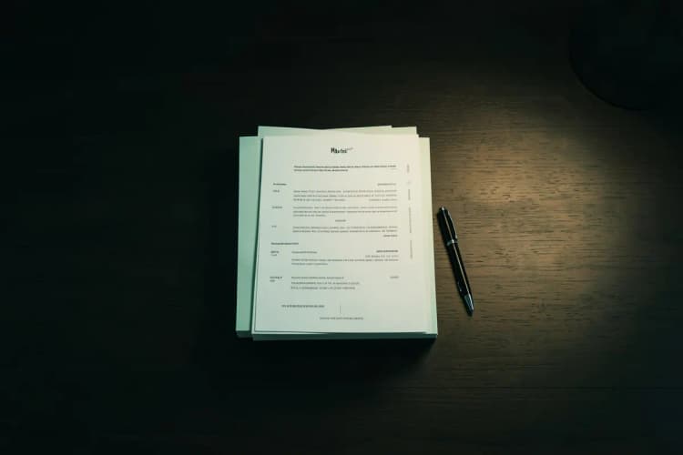 Uma pilha de documentos e contratos organizados sobre uma mesa de madeira escura, com uma caneta ao lado.
